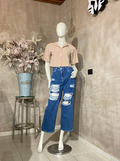 Pantalón Culotte Fit Azul Oscuro con rotos