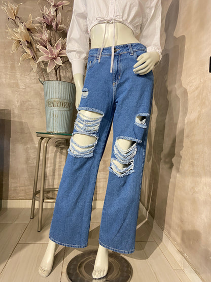 Pantalón Bota recta Azul con rotos