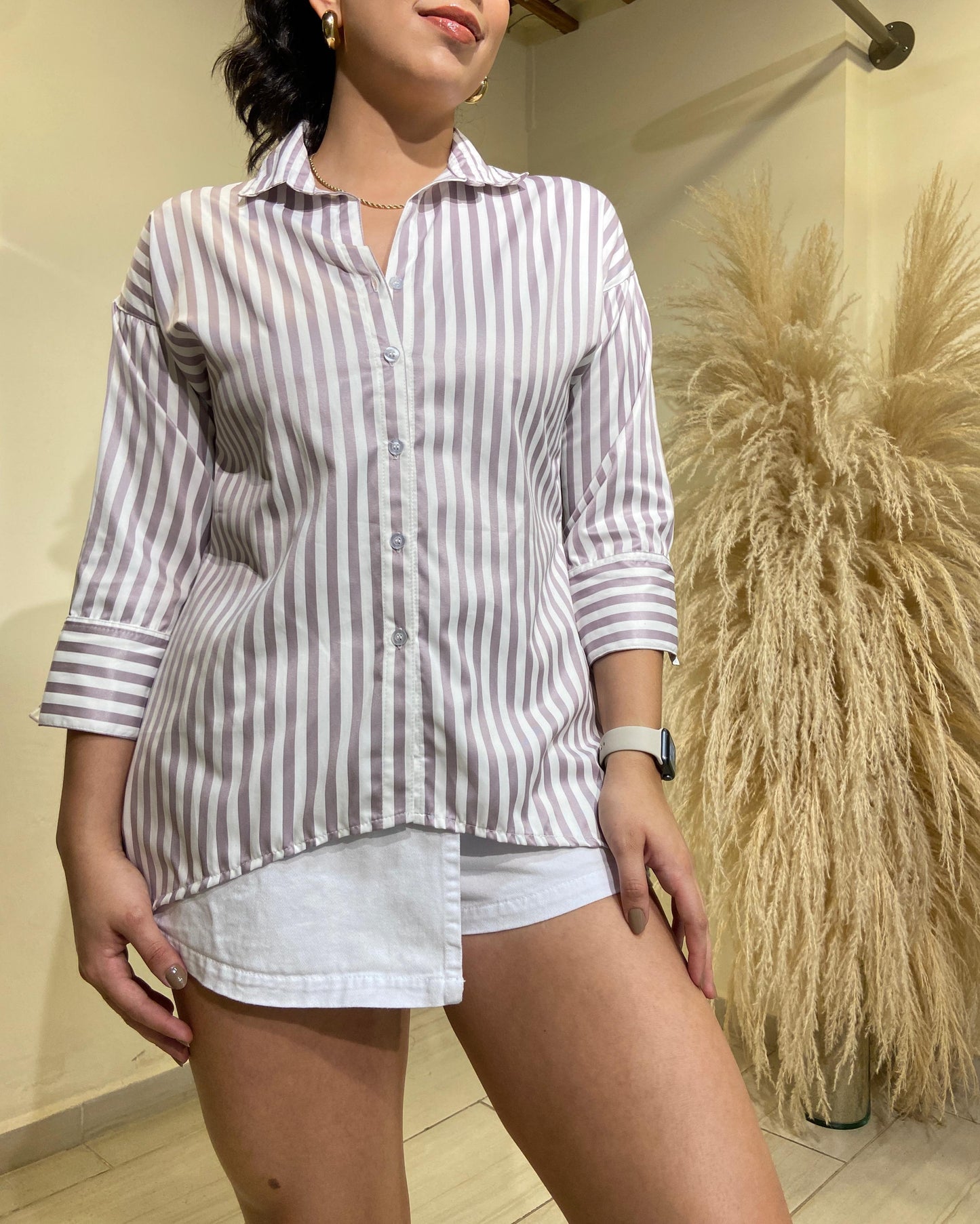 Camisa Celena satín rayas lila